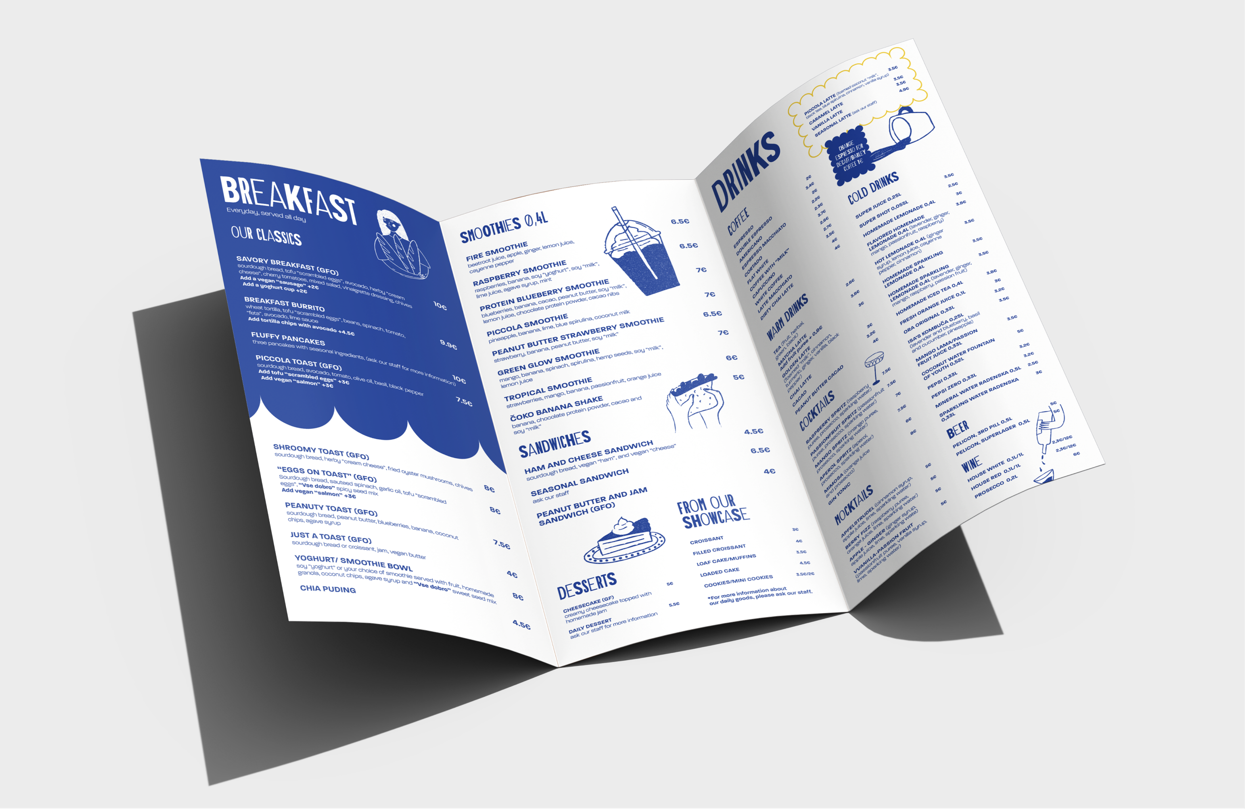 The opened folding menu: breakfast, smoothies, sandwiches and drinks, with illustrations.
