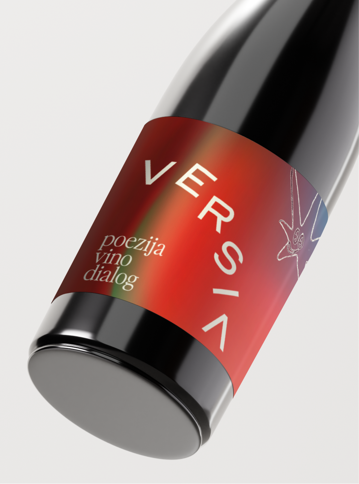 A wine bottle with a red iridescent Versia label.