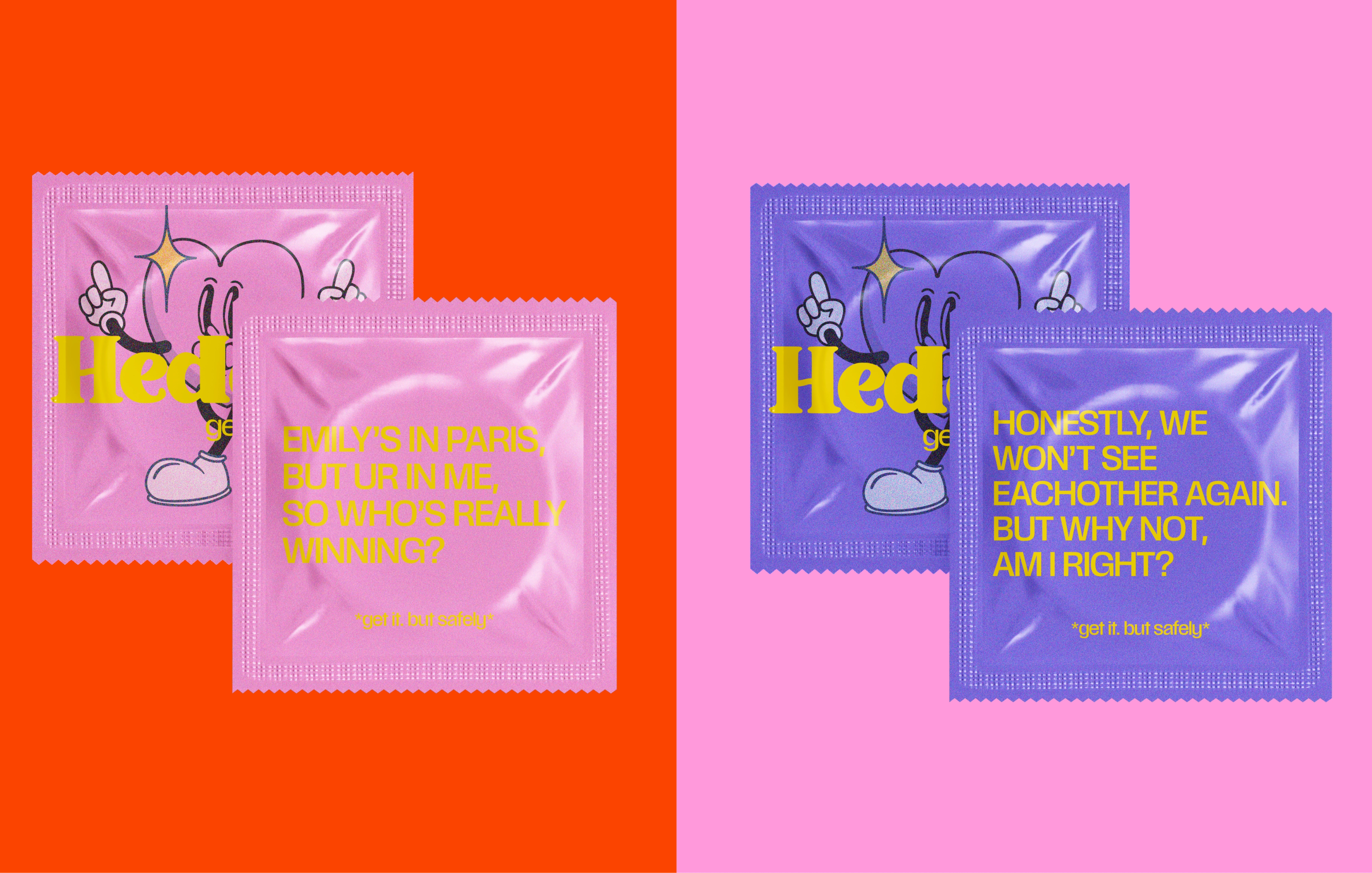 Pink and purple Hedone wrappers on orange and pink, one reading "Emily's in Paris, but ur in me".