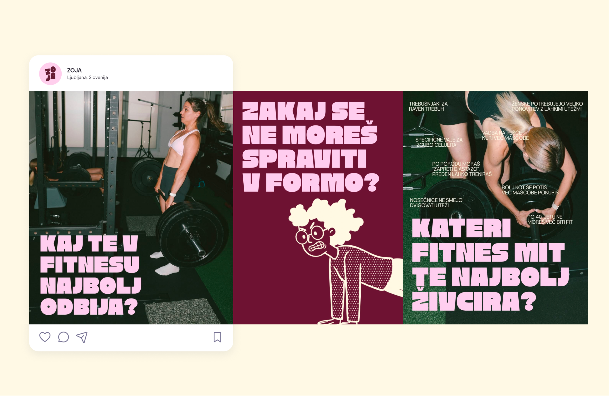 Three Zoja Instagram posts with big pink headlines, two gym photos and a cartoon woman doing a push-up.