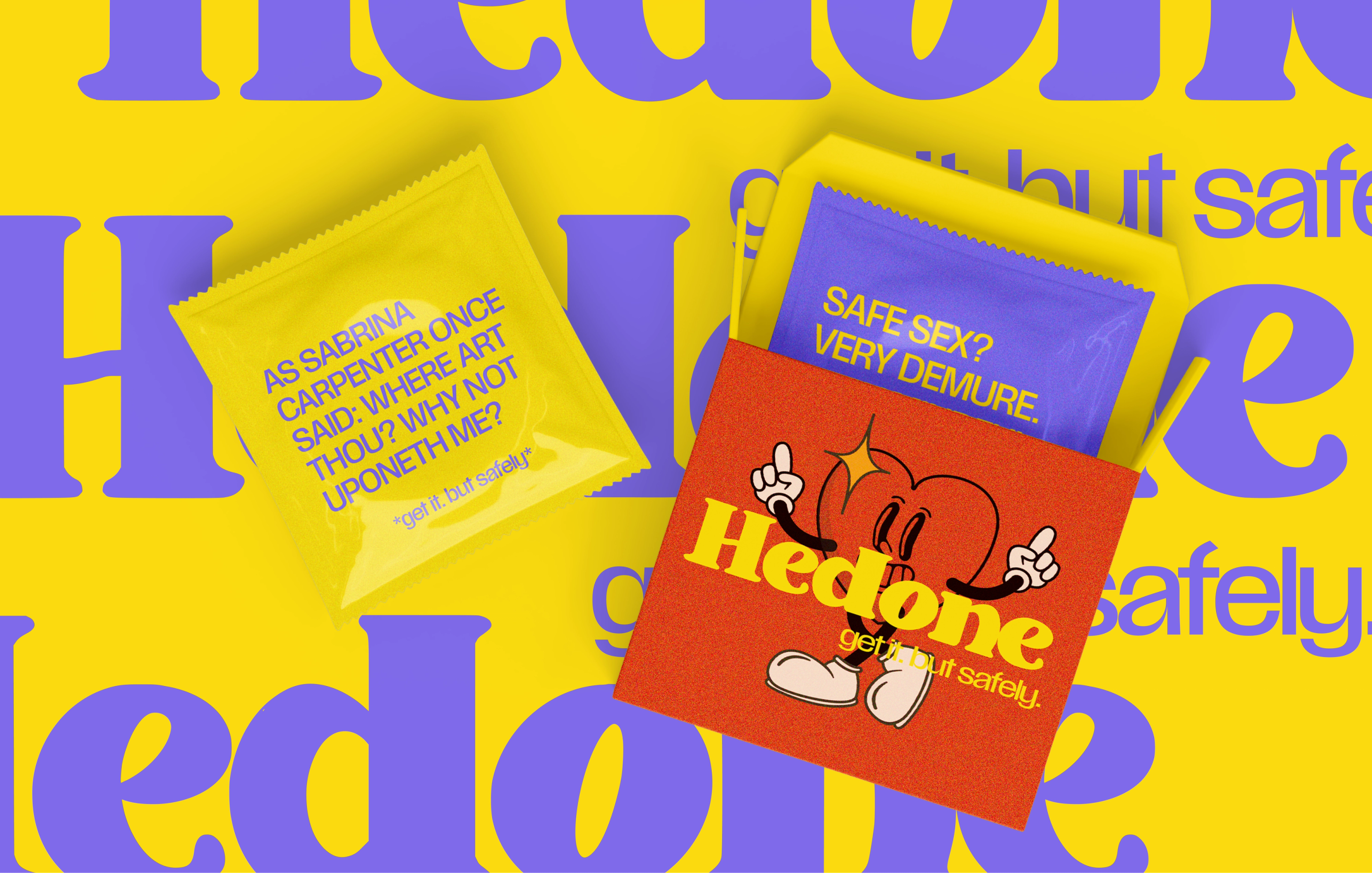 A yellow Hedone wrapper and a red sleeve with a cartoon heart, over huge purple "Hedone" type on yellow.