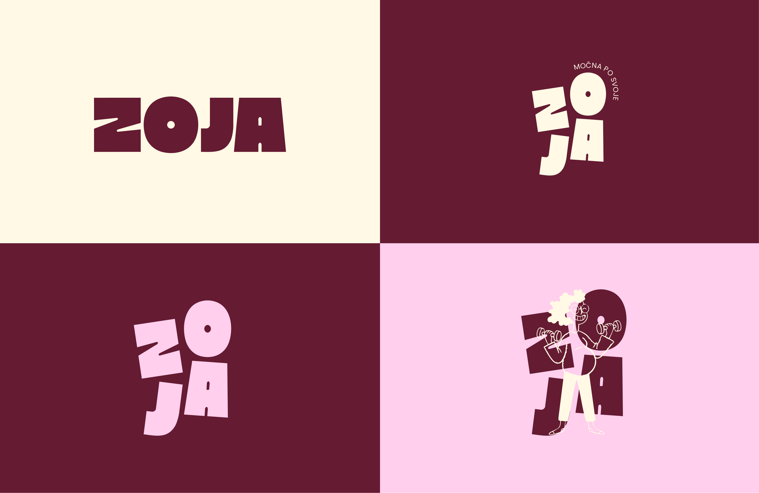 The Zoja wordmark in four lockups in burgundy, cream and pink, one with a woman lifting dumbbells.