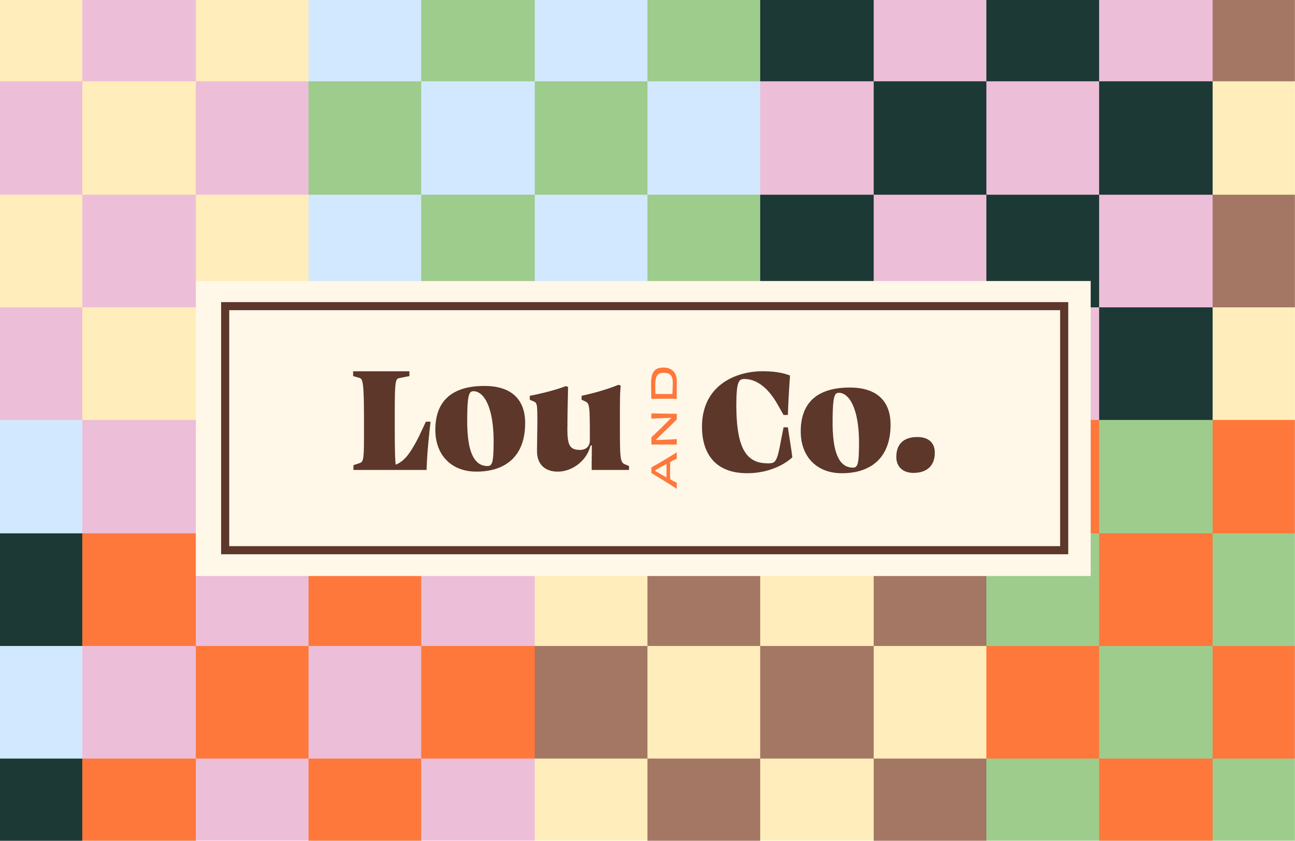 The Lou & Co. wordmark in brown on a framed cream label, over a pastel and orange chequerboard.