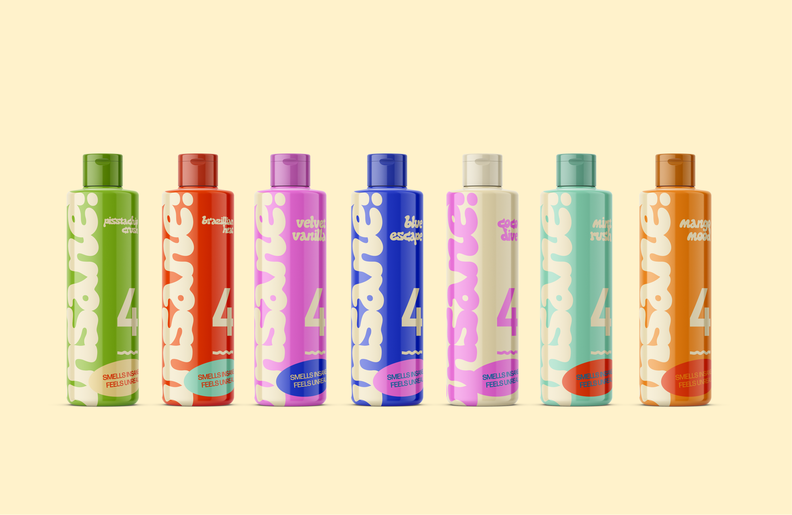 Seven Insane bottles in a row, in green, red, lilac, blue, cream, mint and orange, on pale yellow.