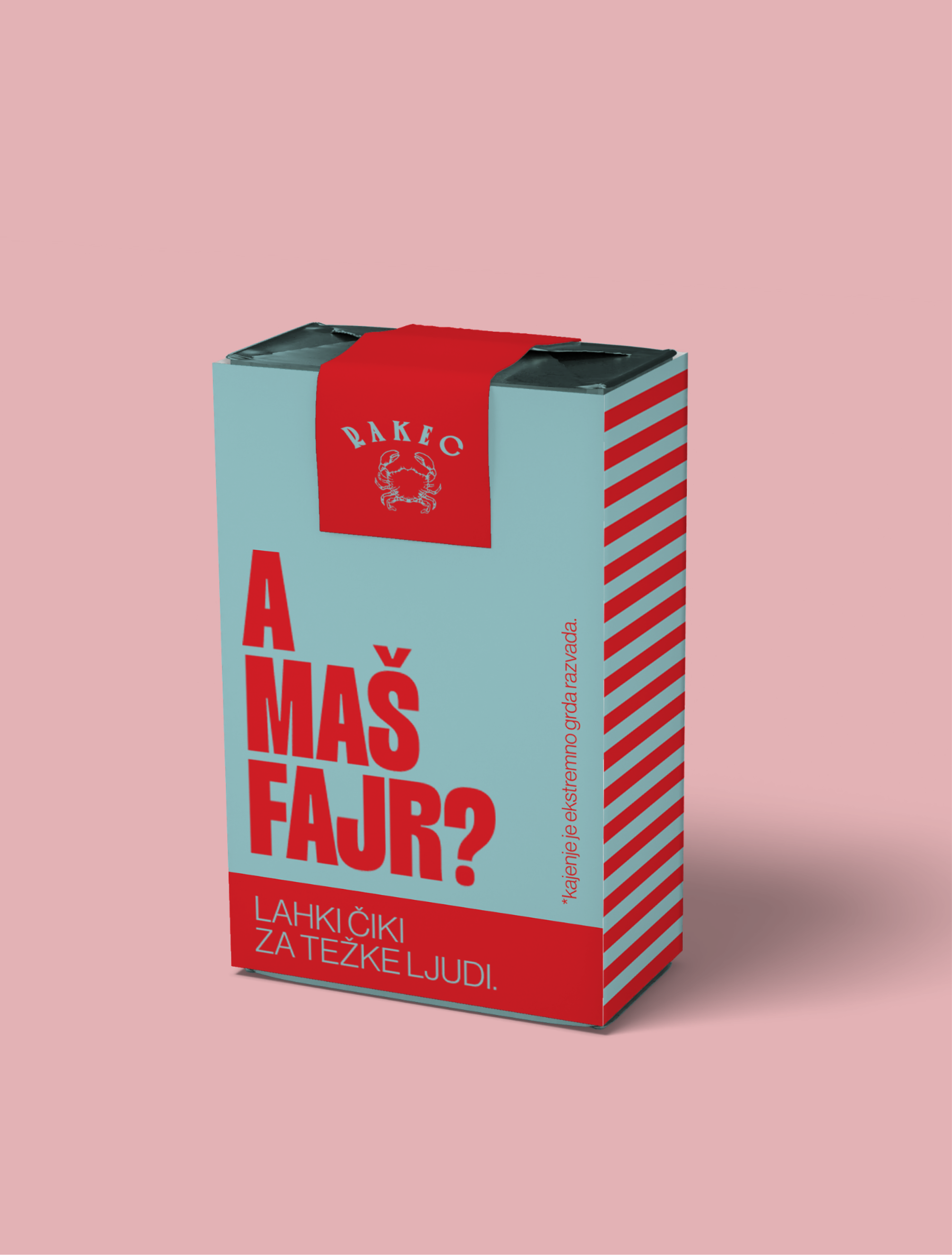 A pale blue Rakec cigarette pack reading "A maš fajr?", with red stripes and a crab seal on the lid.