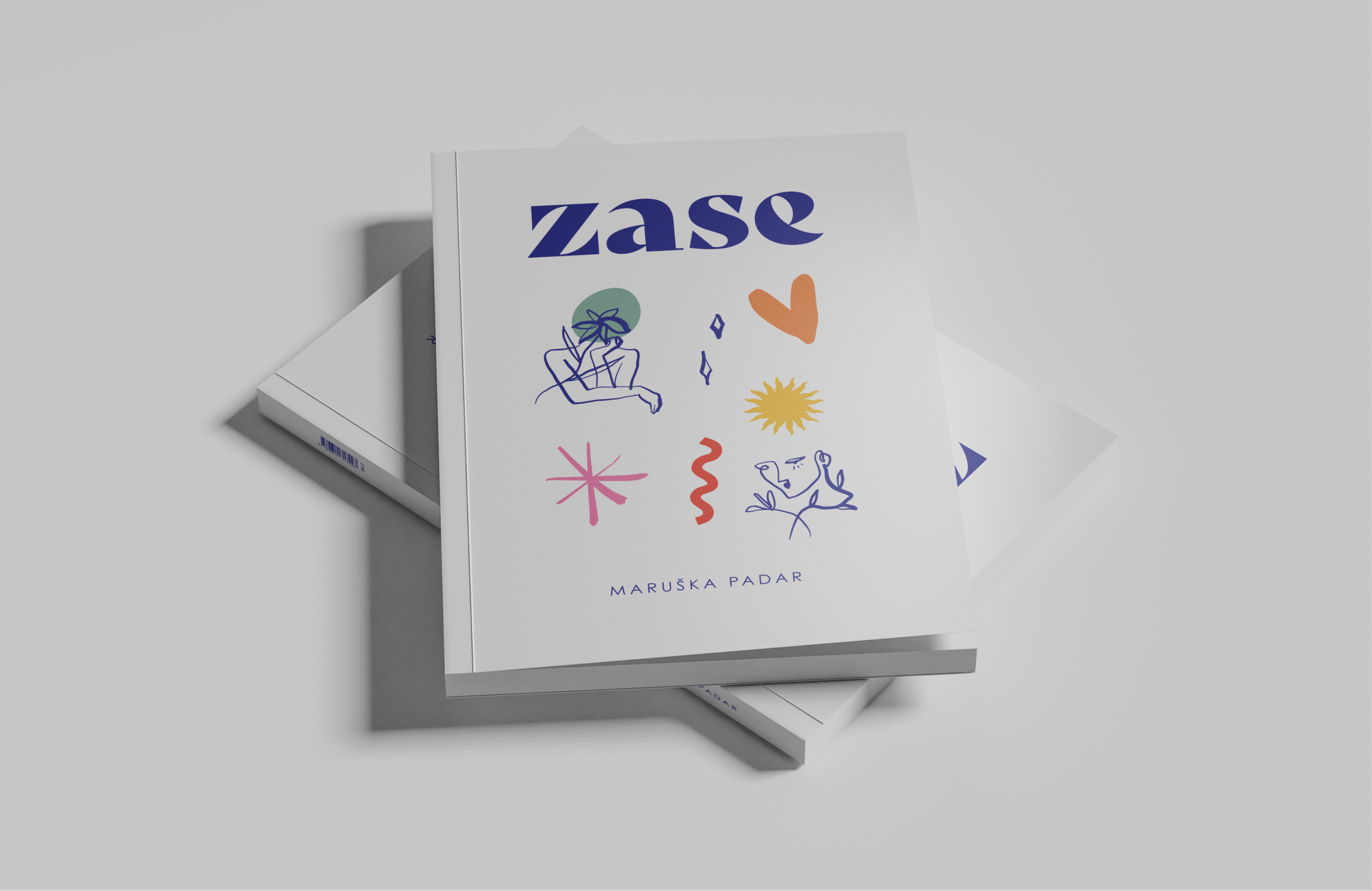 The white "Zase" cover by Maruška Padar, with small line drawings, a heart and a sun, on a second copy.