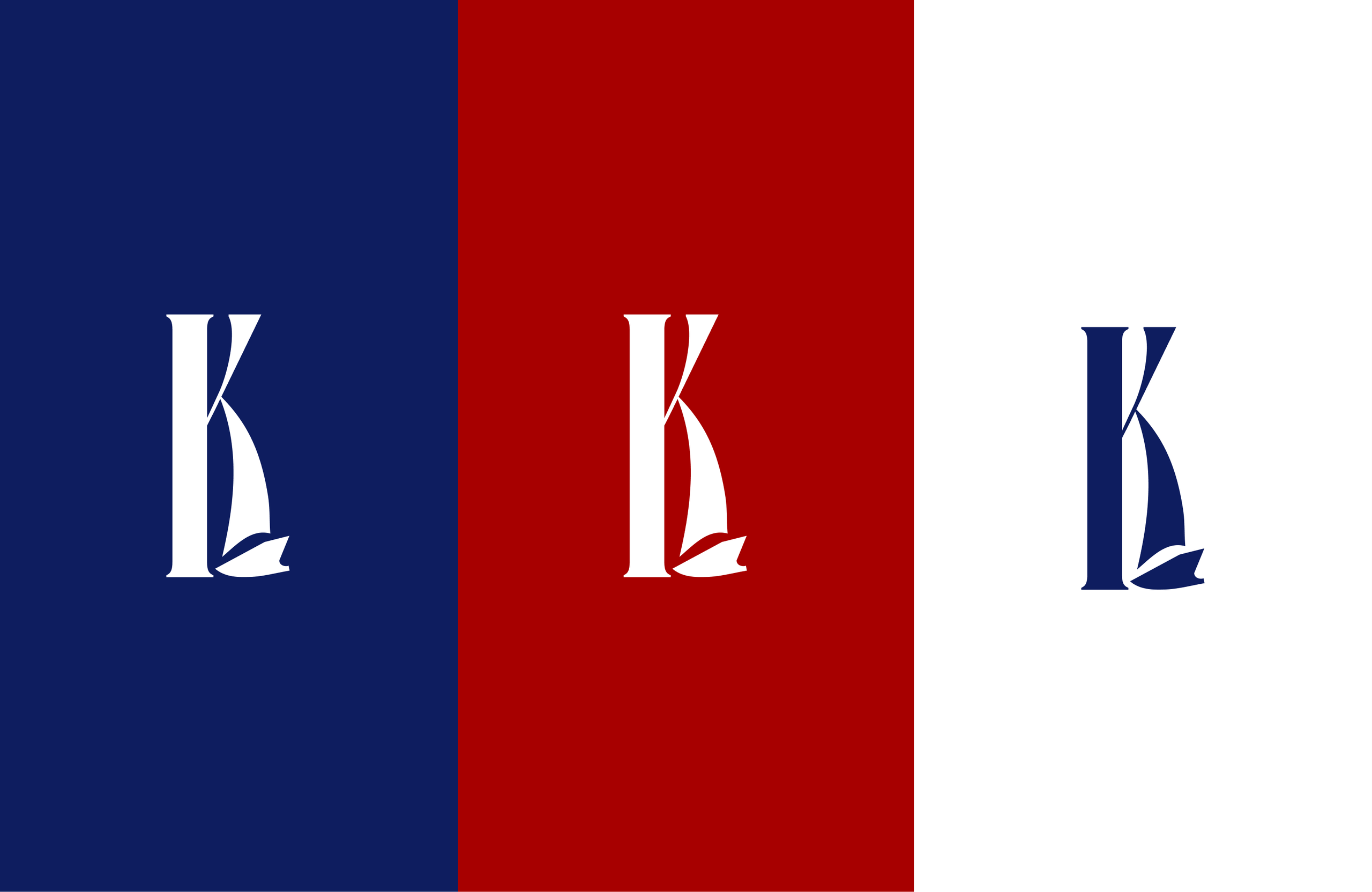 The K monogram with its sail-shaped stroke, on navy, on red and on white.