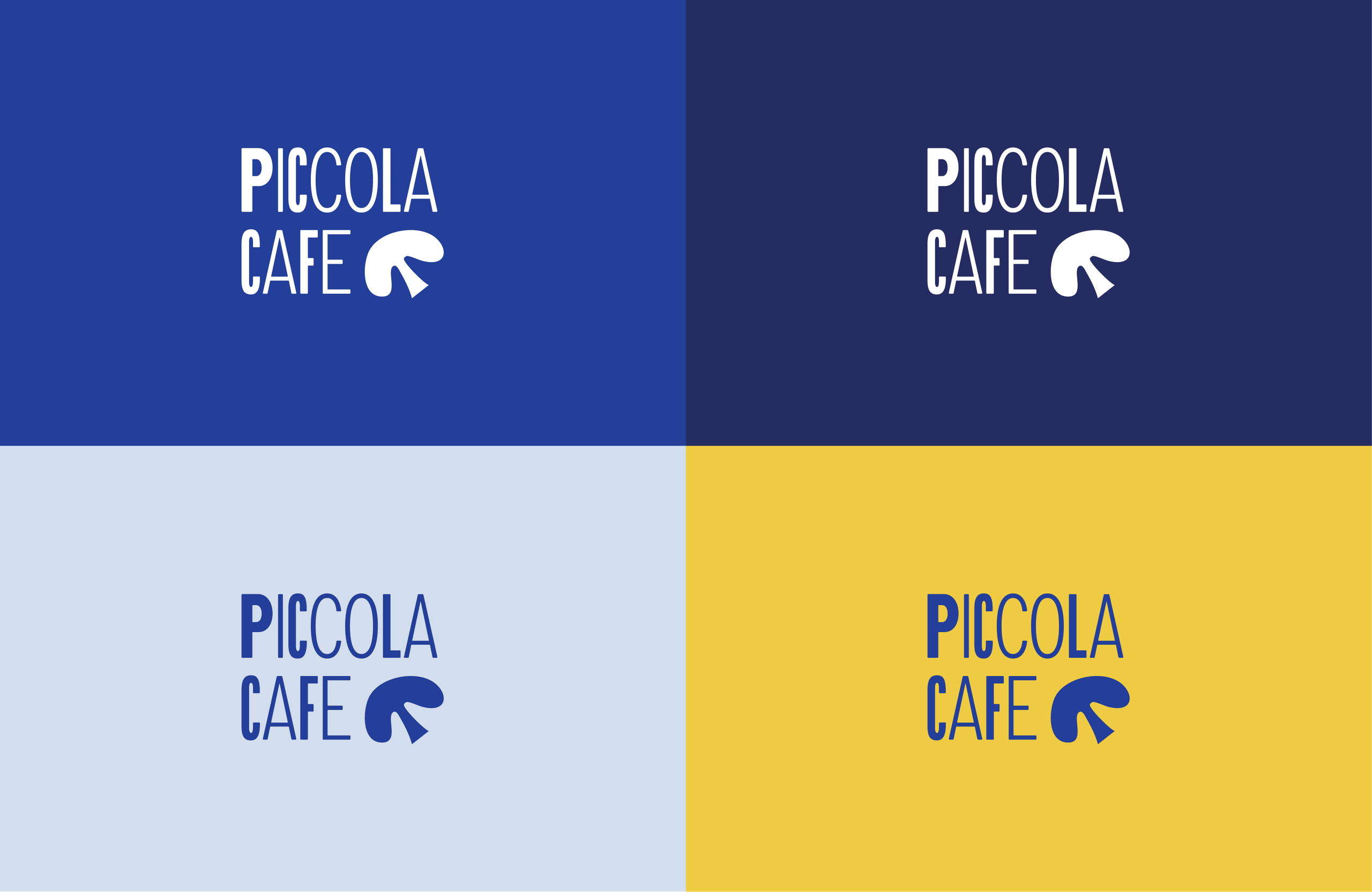 The Piccola Cafe logo with its bitten-cookie mark, in four colourways.