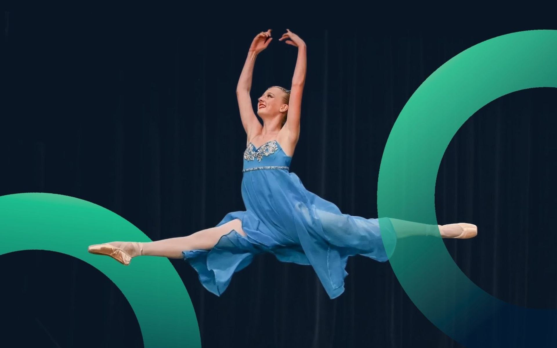 A young ballet dancer mid-leap in a blue dress, framed by Taranaki Youth Boost's green brand rings.