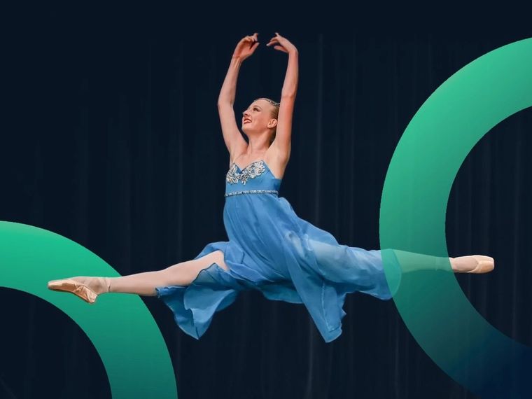 A young ballet dancer mid-leap in a blue dress, framed by Taranaki Youth Boost's green brand rings.