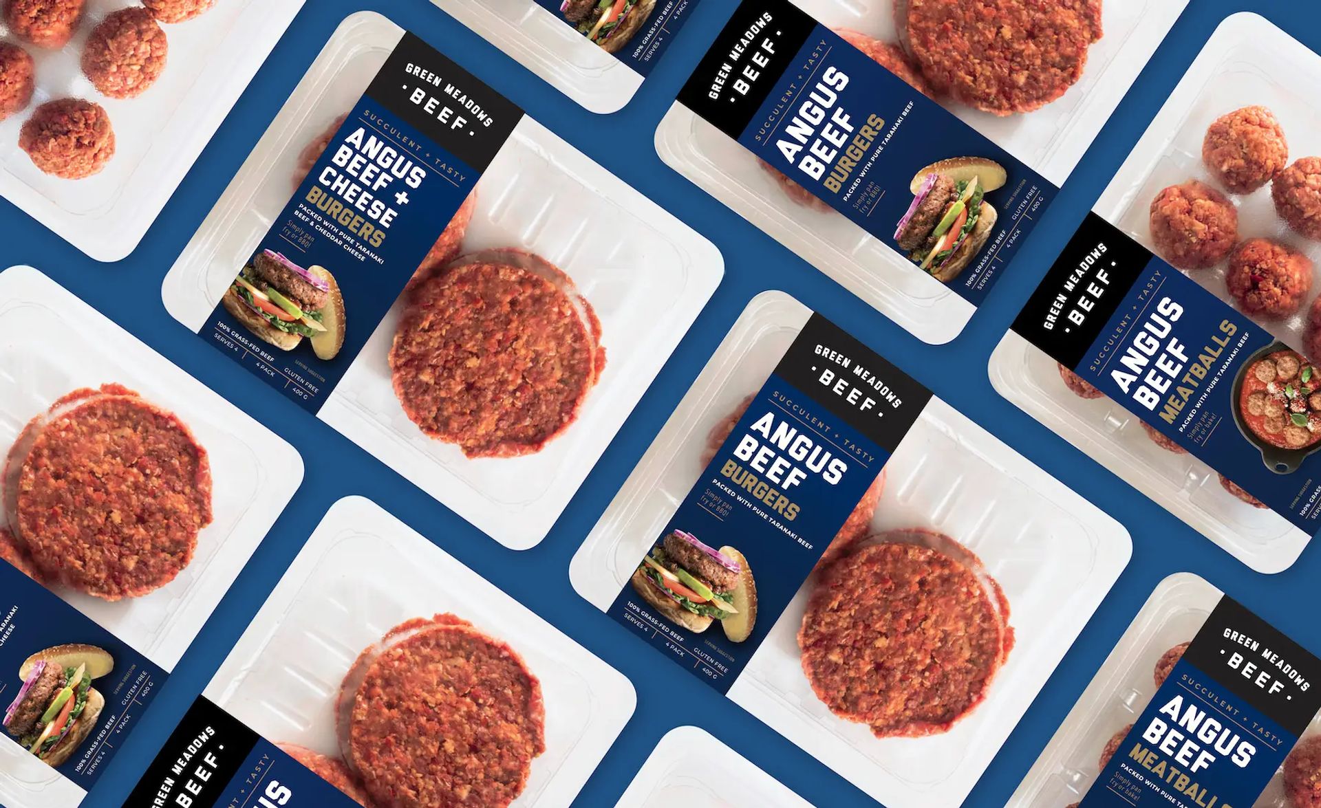Green Meadows Beef burger and meatball packs arranged in a grid on a blue background.