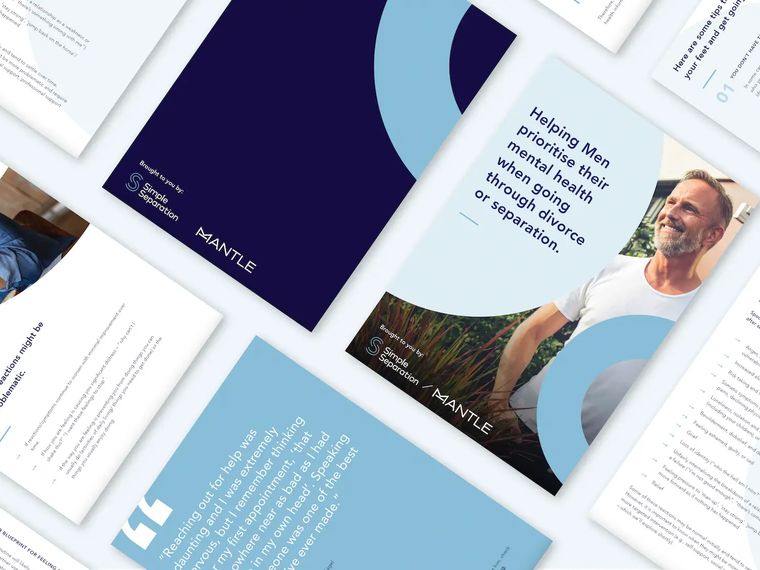 A spread of Simple Separation guide covers and inside pages, including a men's mental health guide co-branded with Mantle.