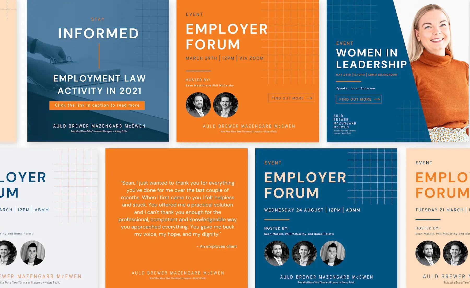 A grid of Auld Brewer Mazengarb & McEwen social tiles in orange and navy, promoting Employer Forum events and a client testimonial.