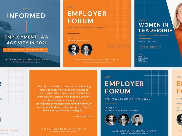 A grid of Auld Brewer Mazengarb & McEwen social tiles in orange and navy, promoting Employer Forum events and a client testimonial.