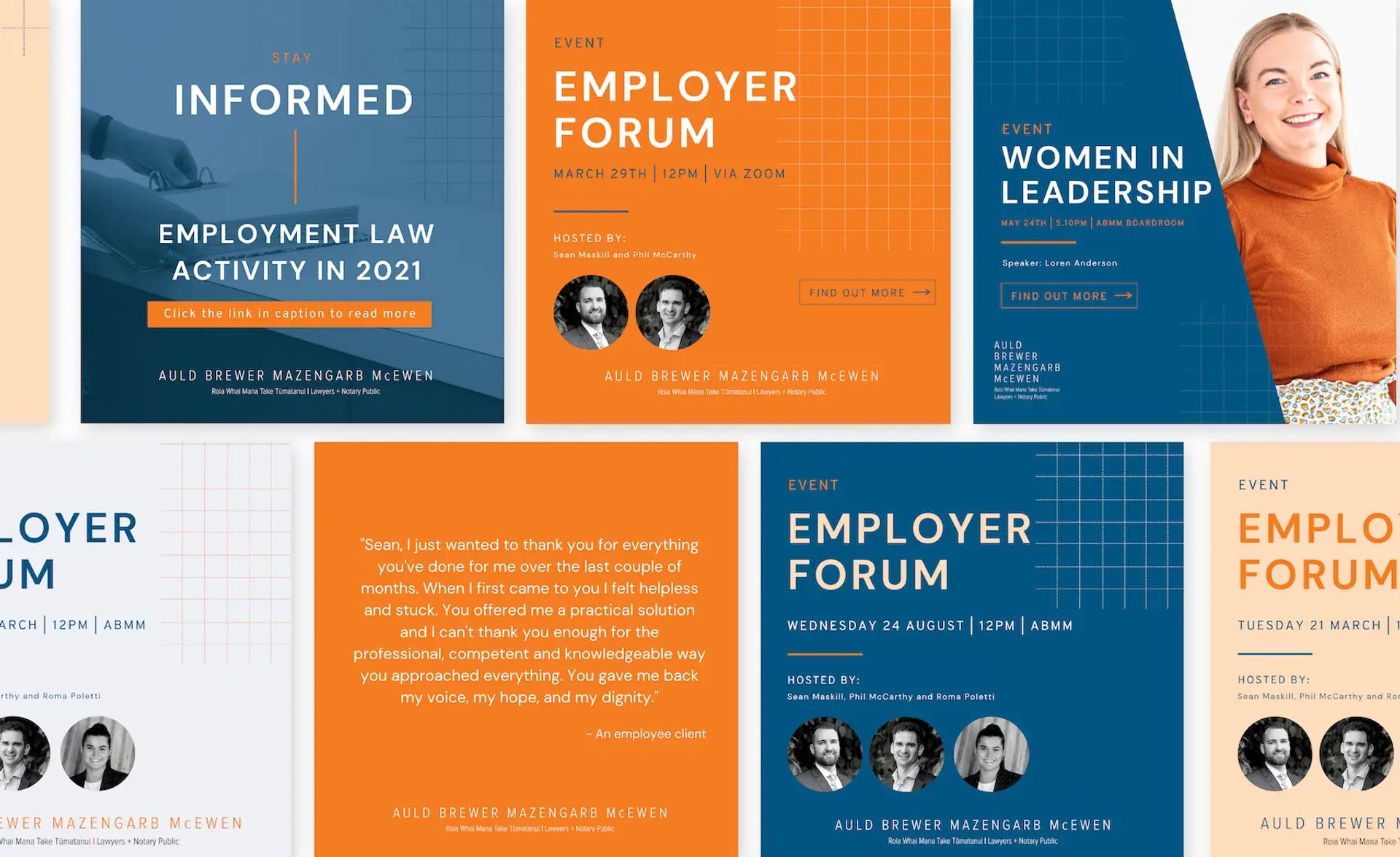 A grid of Auld Brewer Mazengarb & McEwen social tiles in orange and navy, promoting Employer Forum events and a client testimonial.
