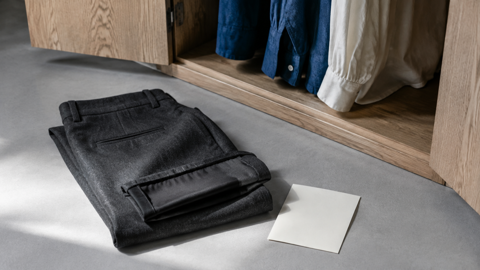Folded charcoal trousers with a finished interior hem rest beside a blank paper card in front of an open oak wardrobe.