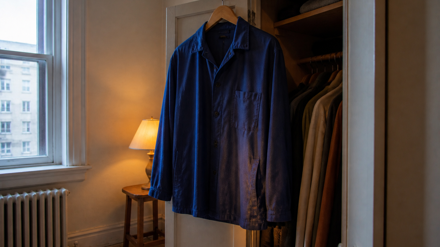 A cobalt overshirt hanging between cool window light and a warm bedside lamp in an open wardrobe.