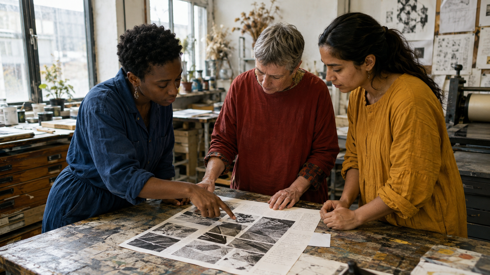 Three adults review a contact sheet and handwritten notes around a table in a print studio.