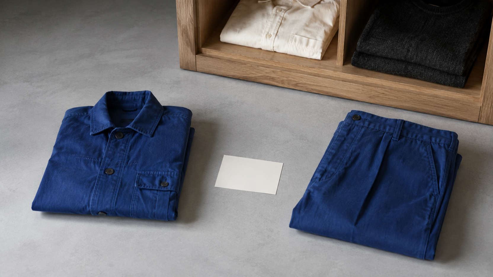 A folded cobalt overshirt and matching cobalt trousers sit apart on a cool grey surface with a blank paper card between them.