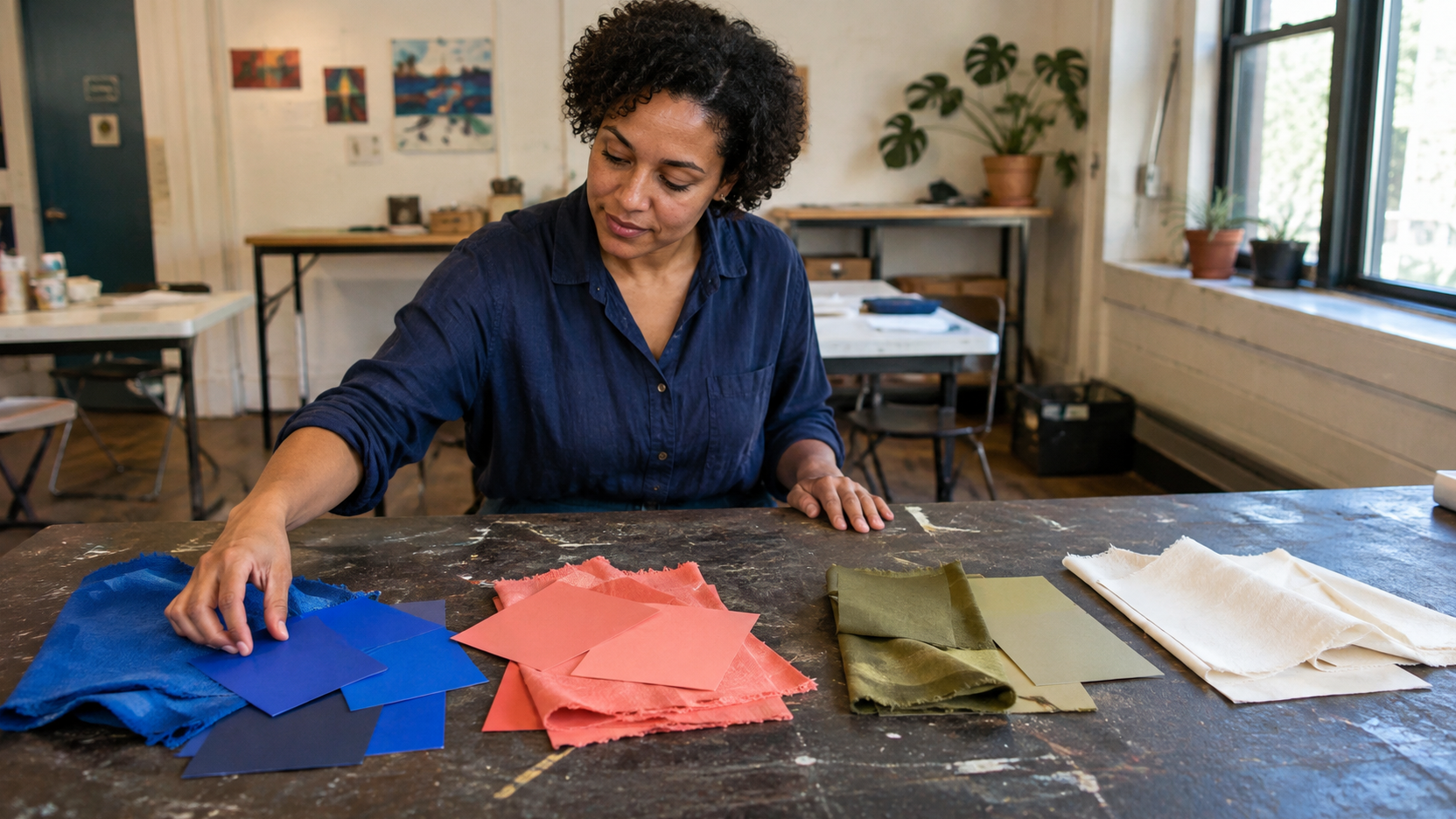 An adult arranges blue, coral, olive and cream paper and fabric at an art-room table.