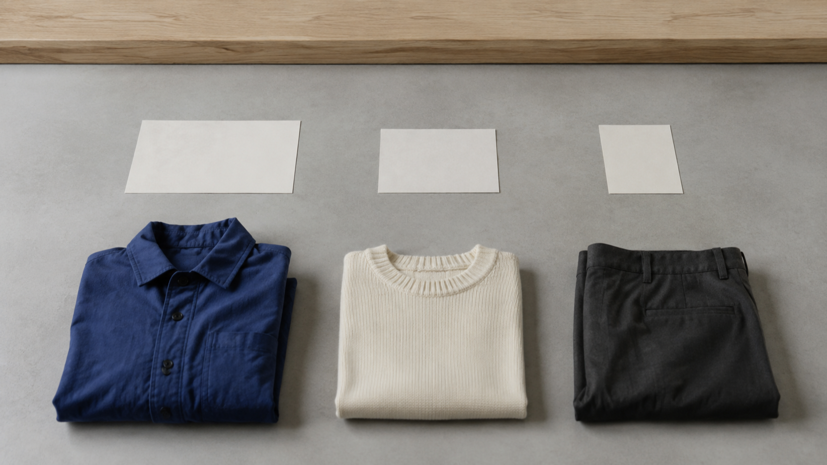 Three folded garments sit beneath three blank paper cards of different sizes on a cool grey surface bordered by oak.
