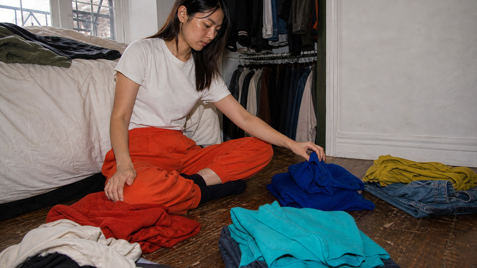 A person sorting a small rail of garments in a calm, light-filled room
