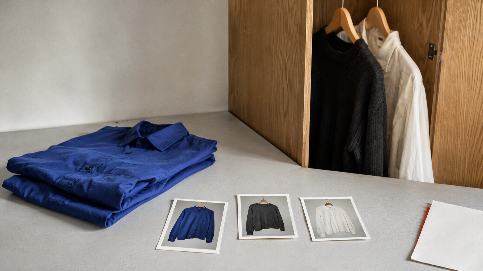 A folded cobalt overshirt lies beside three physical garment photographs, with an open oak wardrobe holding an ivory shirt and charcoal knit in the background.