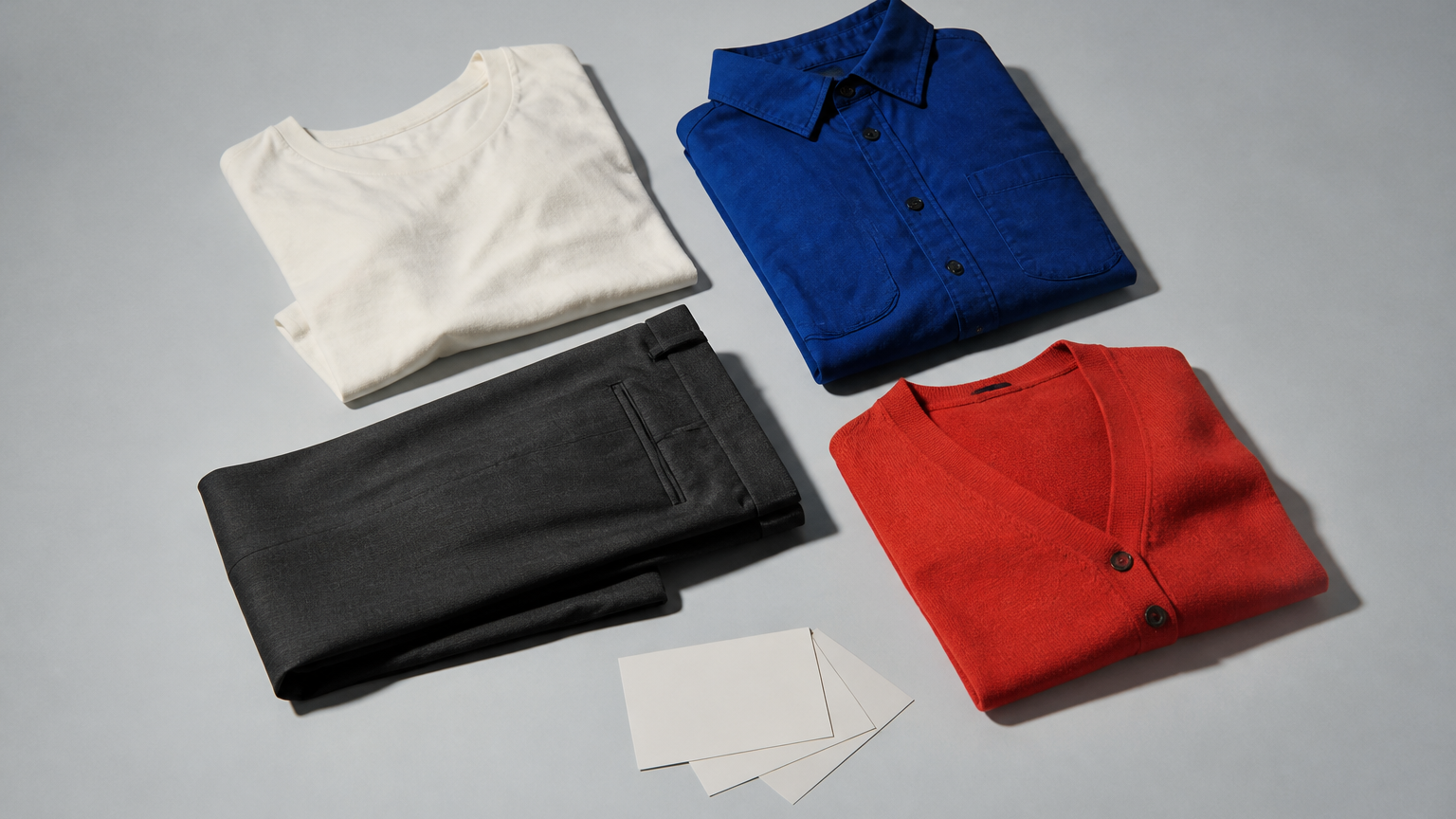 Four neatly folded owned garments—an ivory T-shirt, cobalt overshirt, charcoal trousers and vermilion cardigan—arranged with three blank paper cards on a cool grey studio surface.
