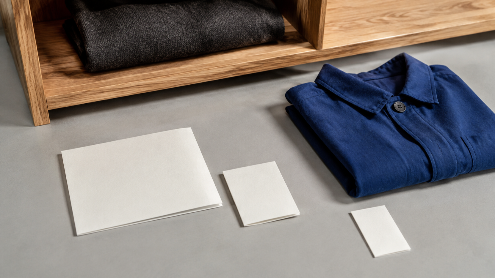 A folded cobalt shirt lies beside three blank paper cards of different sizes on a cool grey surface beneath an oak shelf.