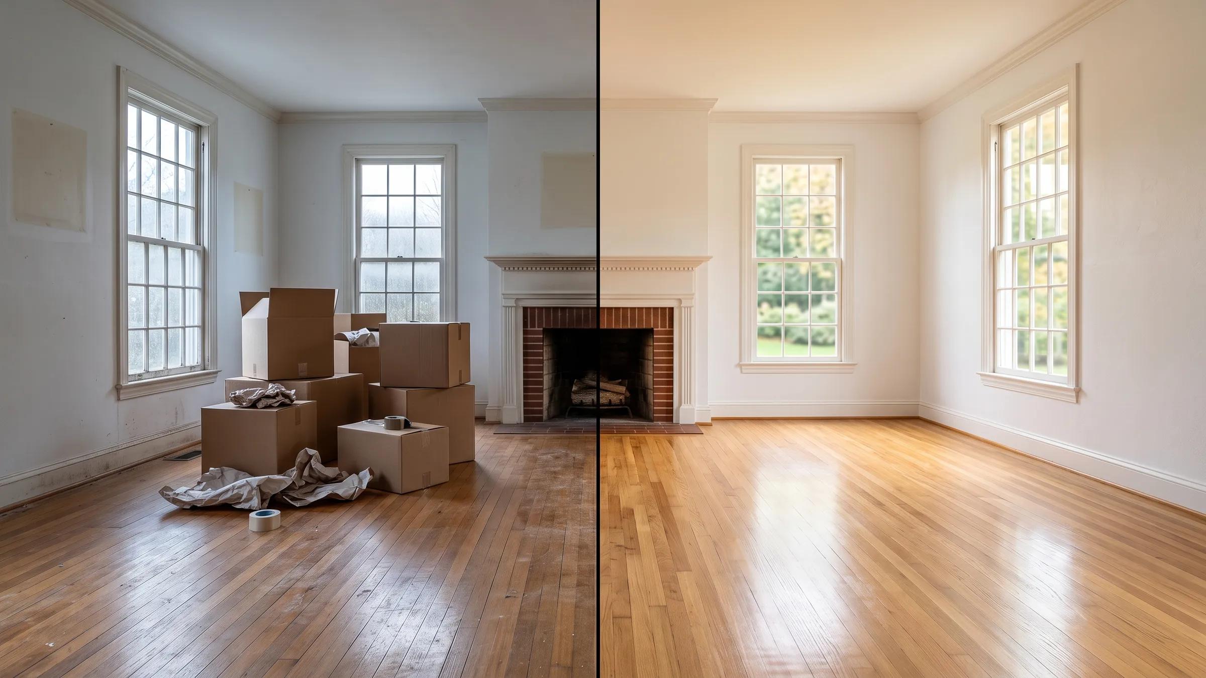 The same room before and after a move-out clean