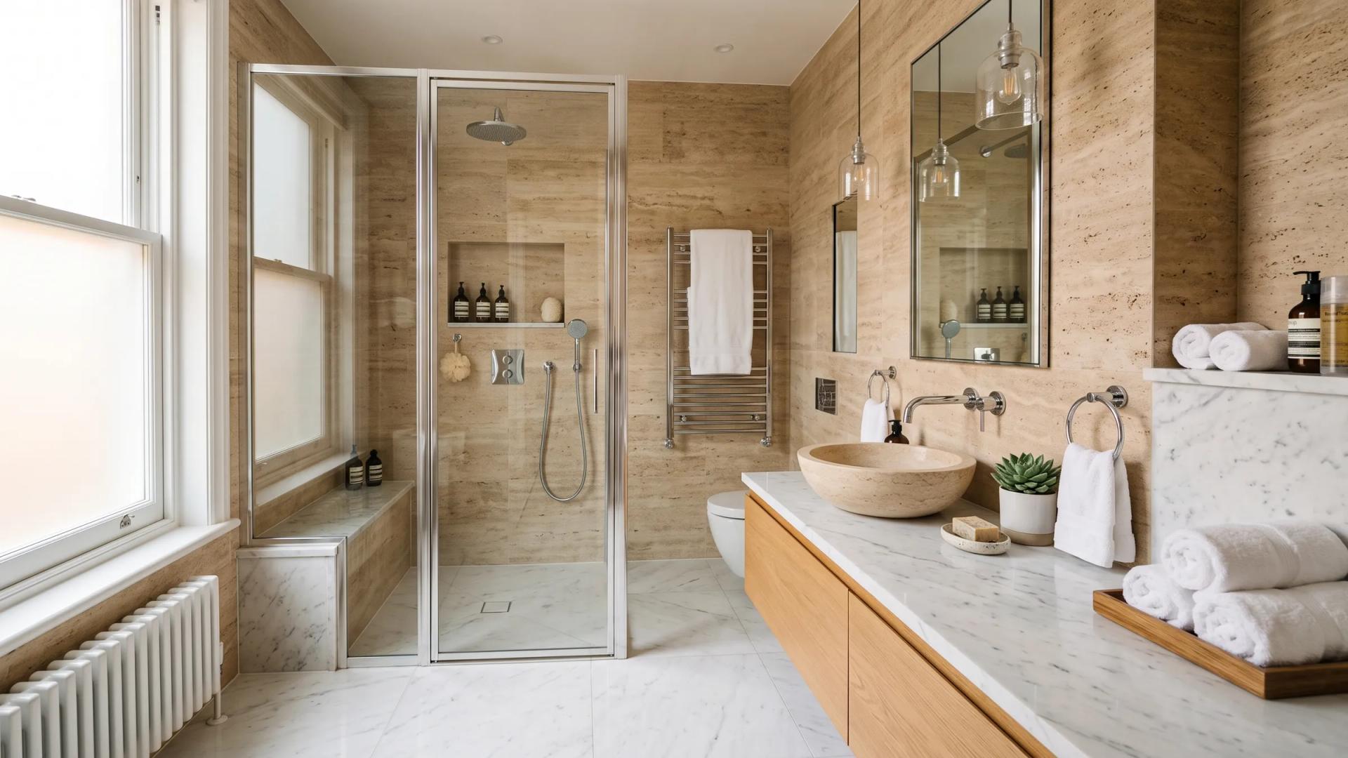 A stone bathroom after a first-time clean