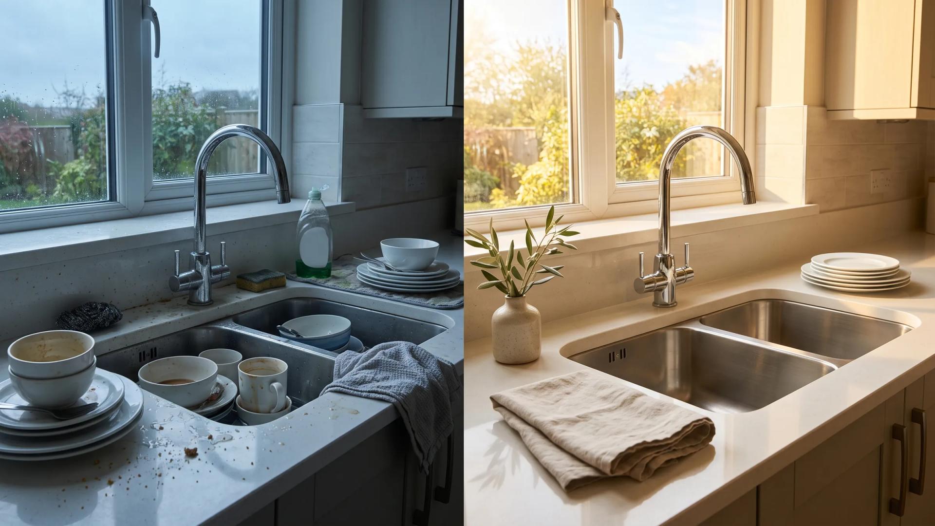 The same sink before and after a clean