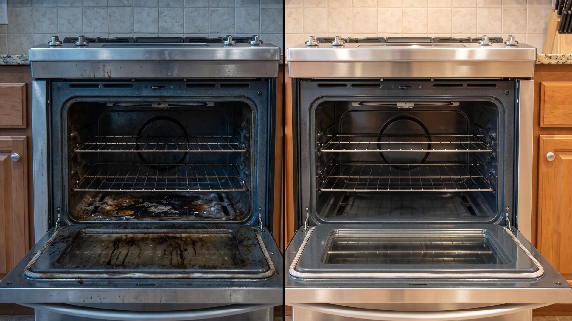 The same oven before and after a clean