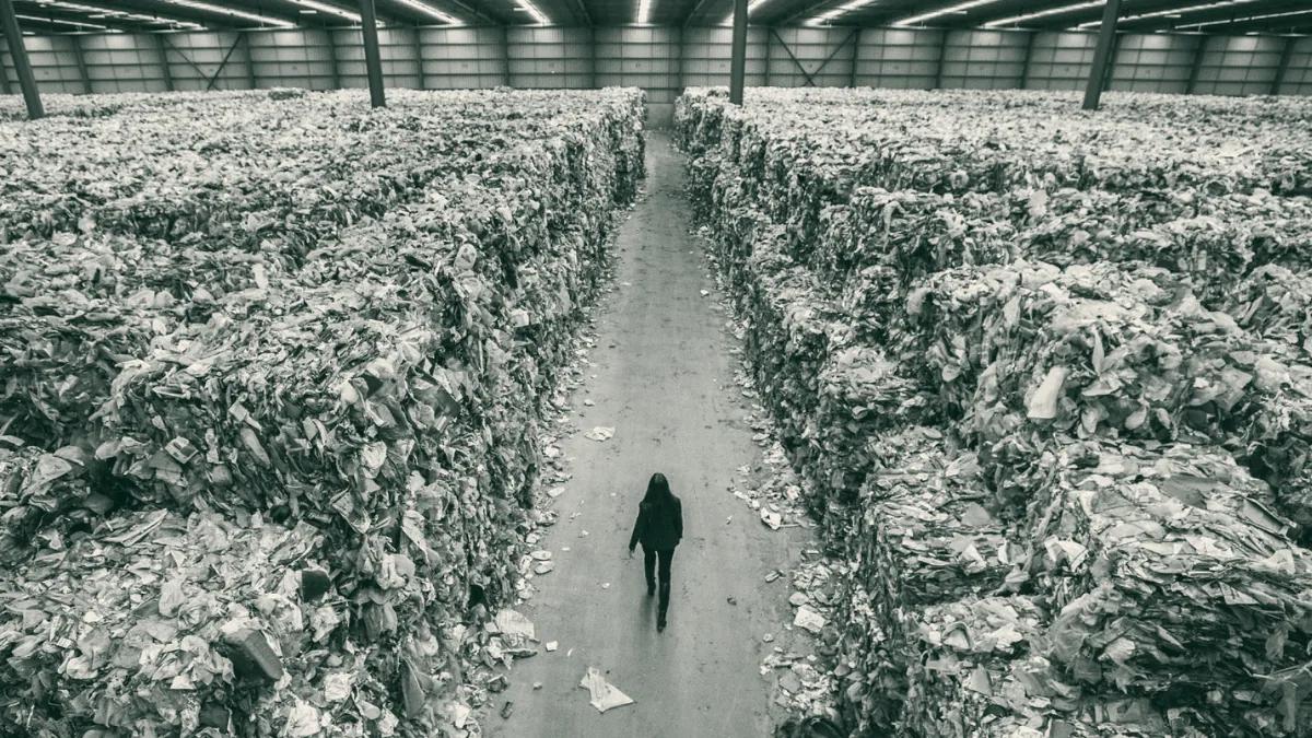 Woman walking a path between stacks of packaging waste in a warehouse