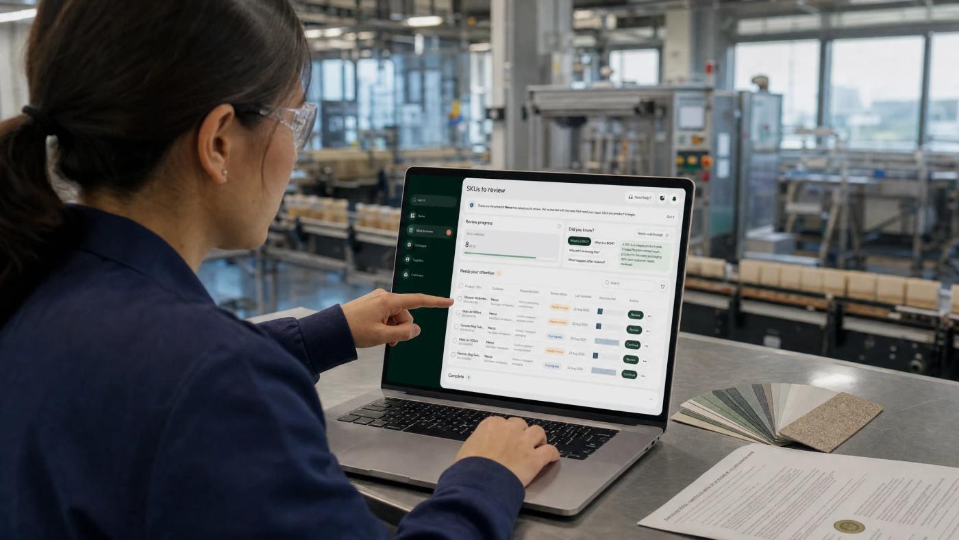 A supplier reviewing packaging SKUs on the phantm platform at a workstation on a factory floor, with material swatches and a specification sheet beside the laptop.