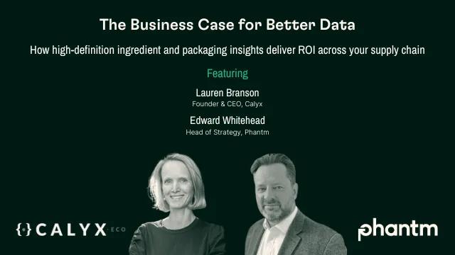 Webinar title card for The Business Case for Better Data, with headshots of Lauren Branson (Calyx) and Edward Whitehead (Phantm).