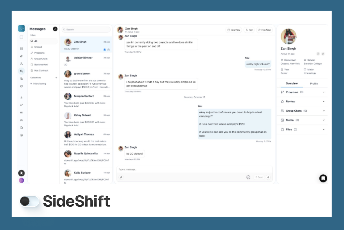 SideShift messaging portal for creators and companies