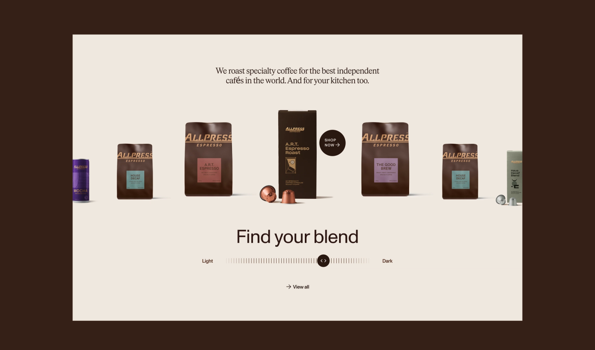Allpress Espresso website displaying coffee bags, pods, and a "Find your blend" slider.