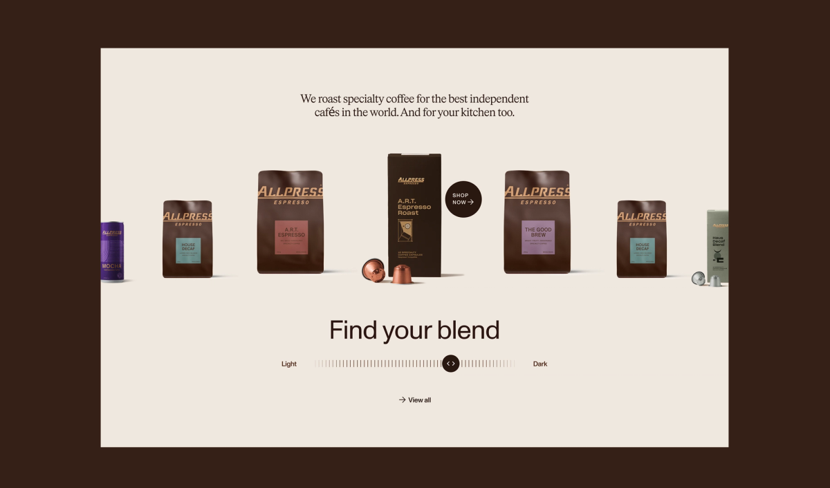 Allpress Espresso website displaying coffee bags, pods, and a "Find your blend" slider.