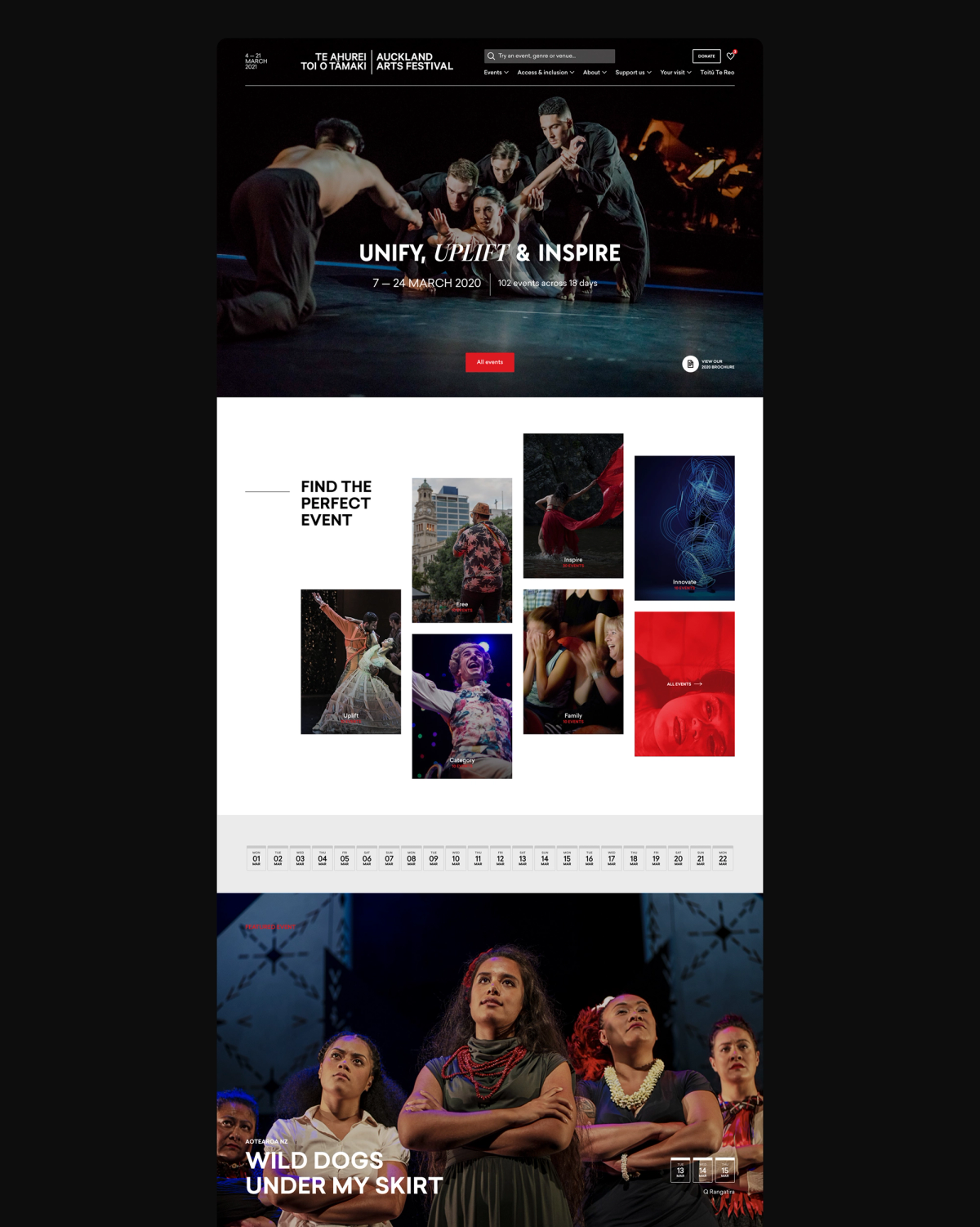 Auckland Arts Festival website displaying event banners, dance performances, and promotional images.