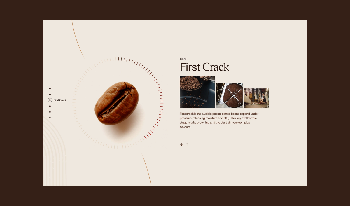 A presentation slide on coffee roasting's "First Crack" stage, featuring a large coffee bean, a circular progress graphic, and a text description with three small accompanying images.