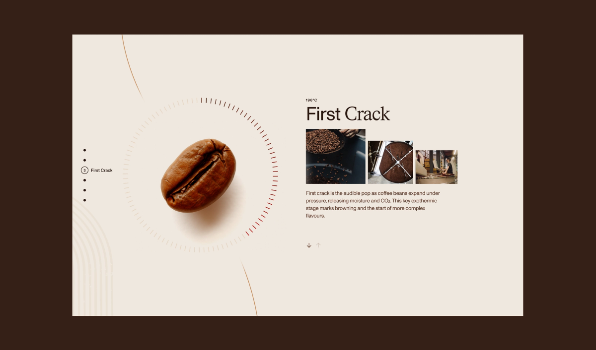 A presentation slide on coffee roasting's "First Crack" stage, featuring a large coffee bean, a circular progress graphic, and a text description with three small accompanying images.