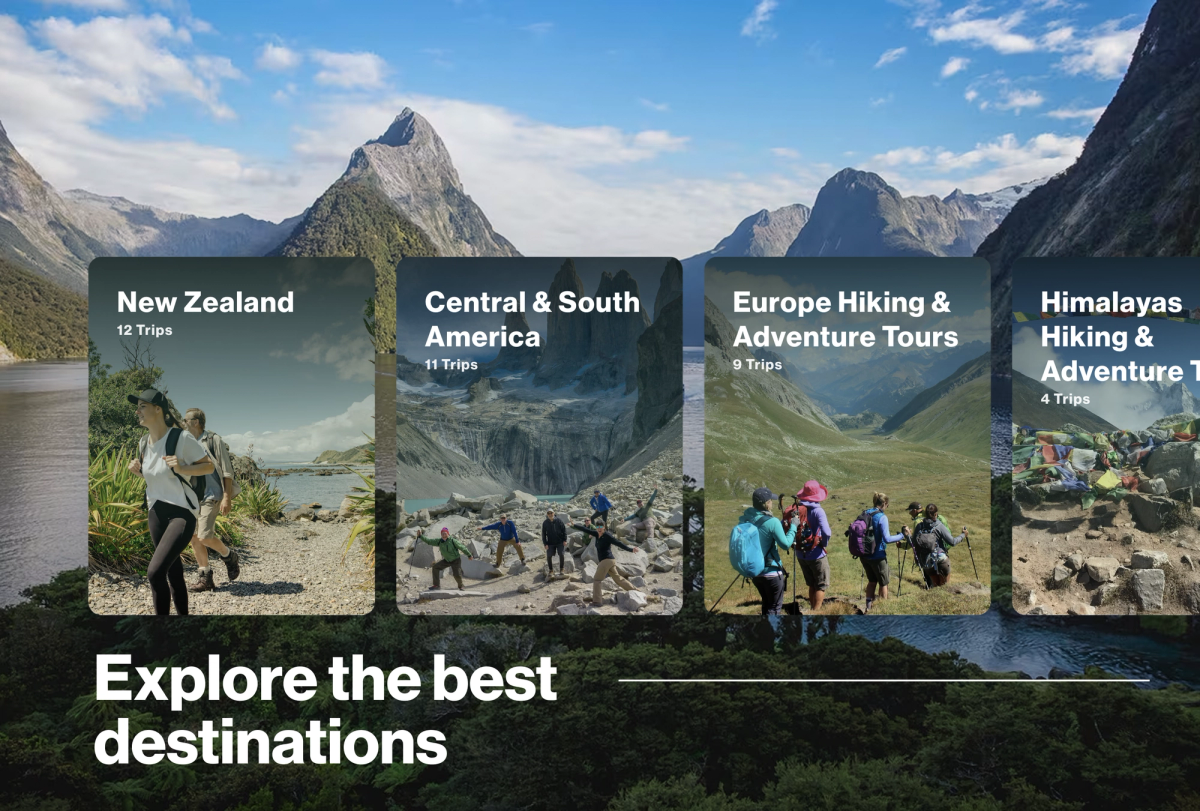 Travel interface showing destination cards for New Zealand, Central & South America, Europe Hiking, and Himalayas Hiking, over a mountain lake background, with text 'Explore the best destinations'.