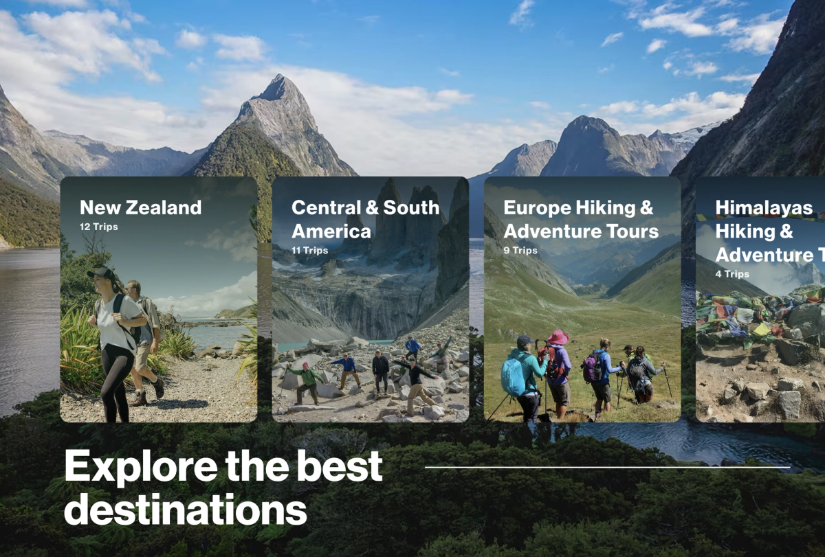Travel interface showing destination cards for New Zealand, Central & South America, Europe Hiking, and Himalayas Hiking, over a mountain lake background, with text 'Explore the best destinations'.