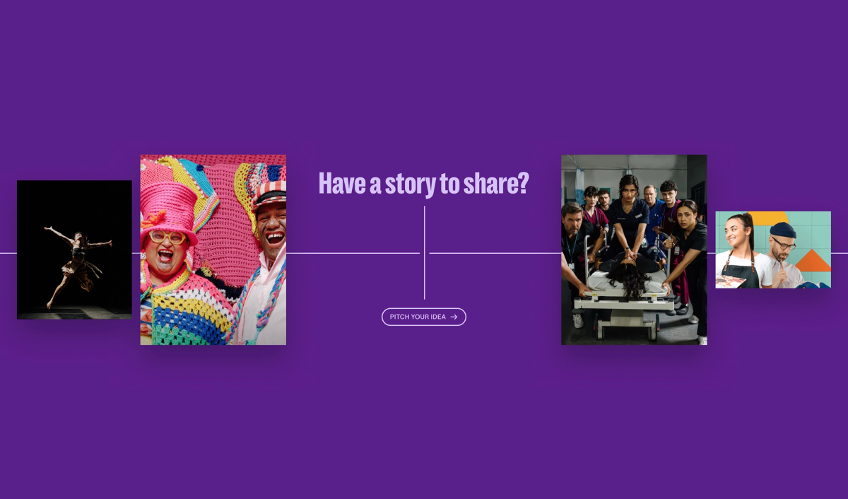 Purple banner with "Have a story to share?" text and a "Pitch Your Idea" button, flanked by images of a dancer, two smiling people in hats, students with a stretcher, and two chefs.