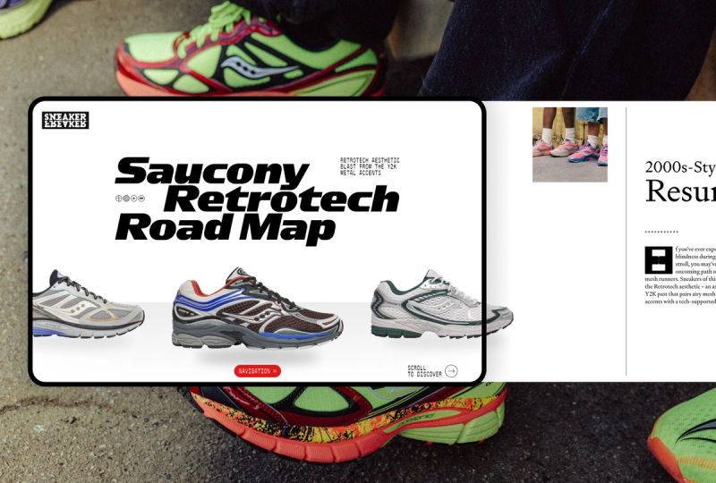 A person wearing lime green Saucony sneakers with a digital magazine overlayed displaying three retro-style Saucony sneakers and the title "Saucony Retrotech Road Map."