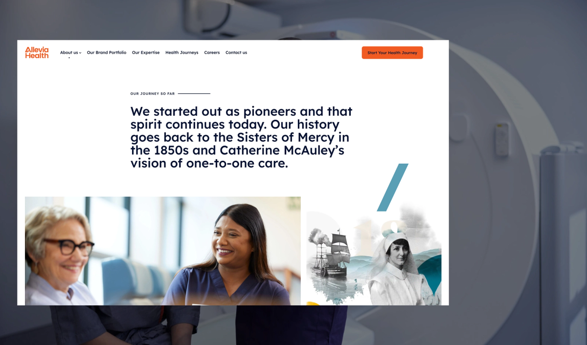 Alleo Health "About Us" webpage on a screen, showing history text, smiling people, and historical illustrations, with an MRI machine in the background.