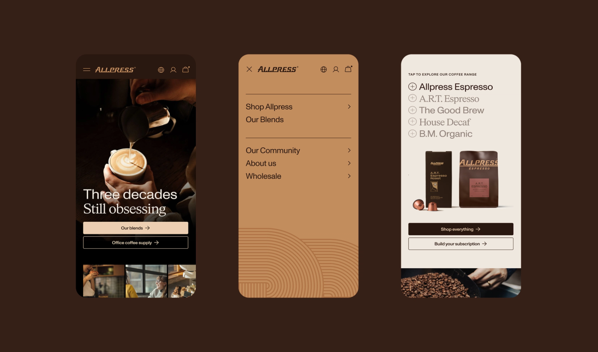 Mobile website UI for Allpress Espresso coffee brand, showing homepage, navigation, and product views.