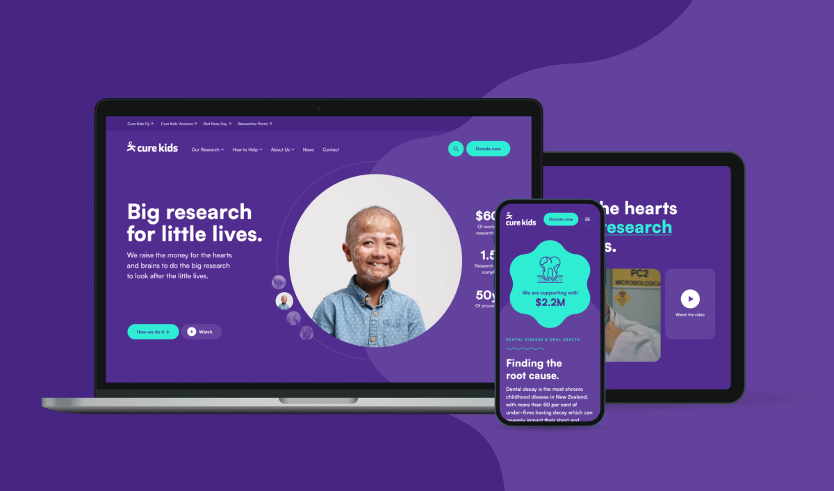 A laptop, tablet, and smartphone display the Cure Kids website and app with a purple design, featuring a smiling child on the laptop.