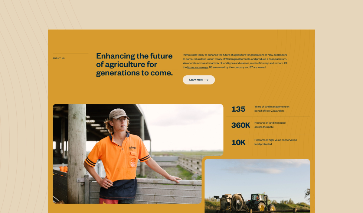 Website section about agriculture with a young man, farming statistics, and tractors.